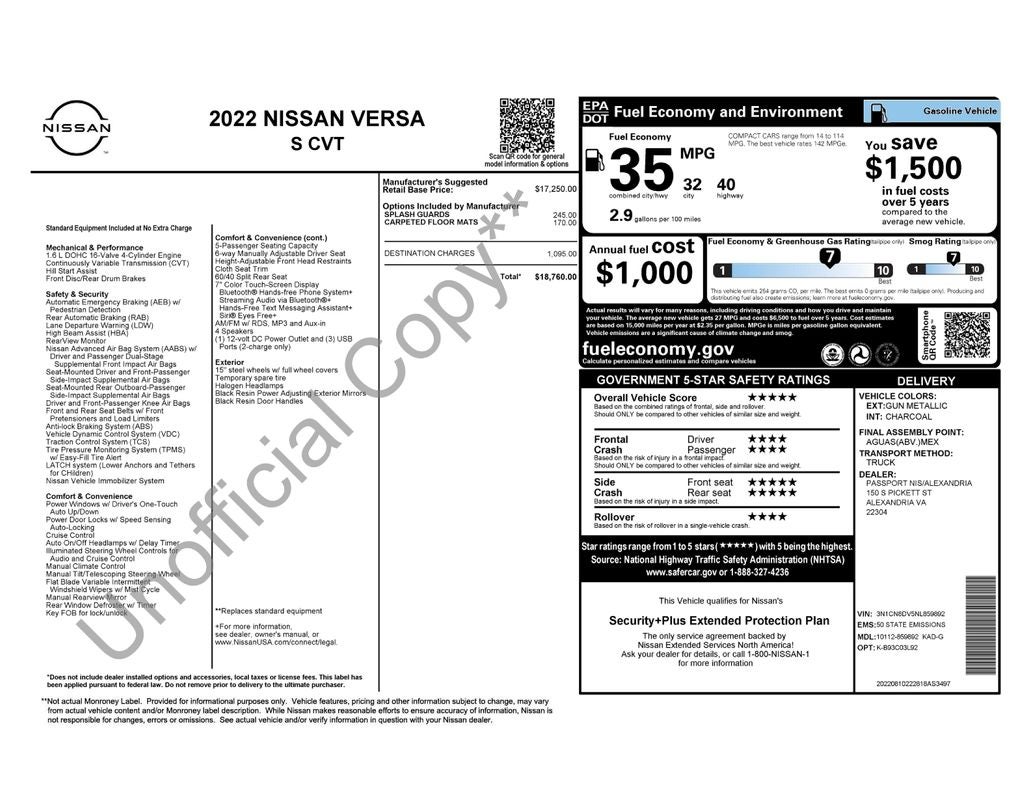 2022 Nissan Versa 1.6 S