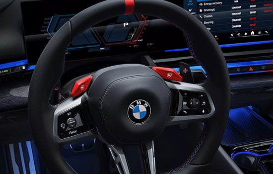 Close-up view of BMW M5 Touring steering wheel. | Passport BMW in Suitland MD